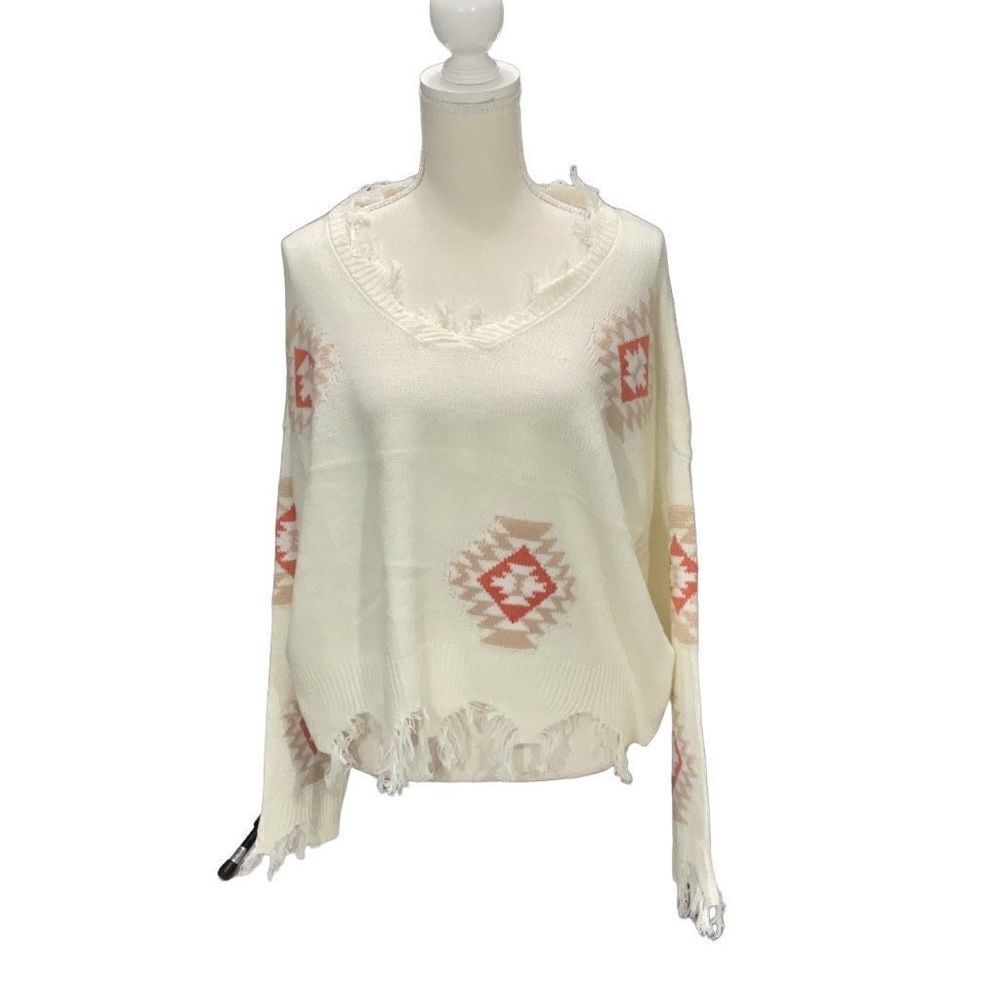 No Comment Distressed Oversized Pullover Cream Sweater Long Sleeve Aztec Size XL